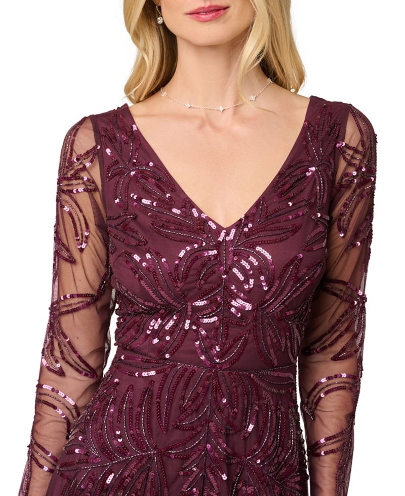 Petite Long-Sleeve Sequined V-Neck Gown