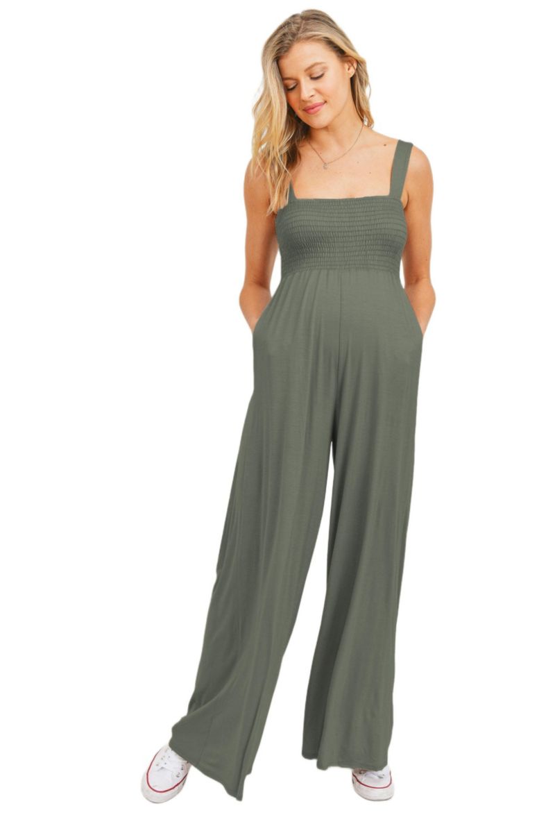 Maternity Sleeveless Smocked Bodice Wide-Leg Jumpsuit with Pockets