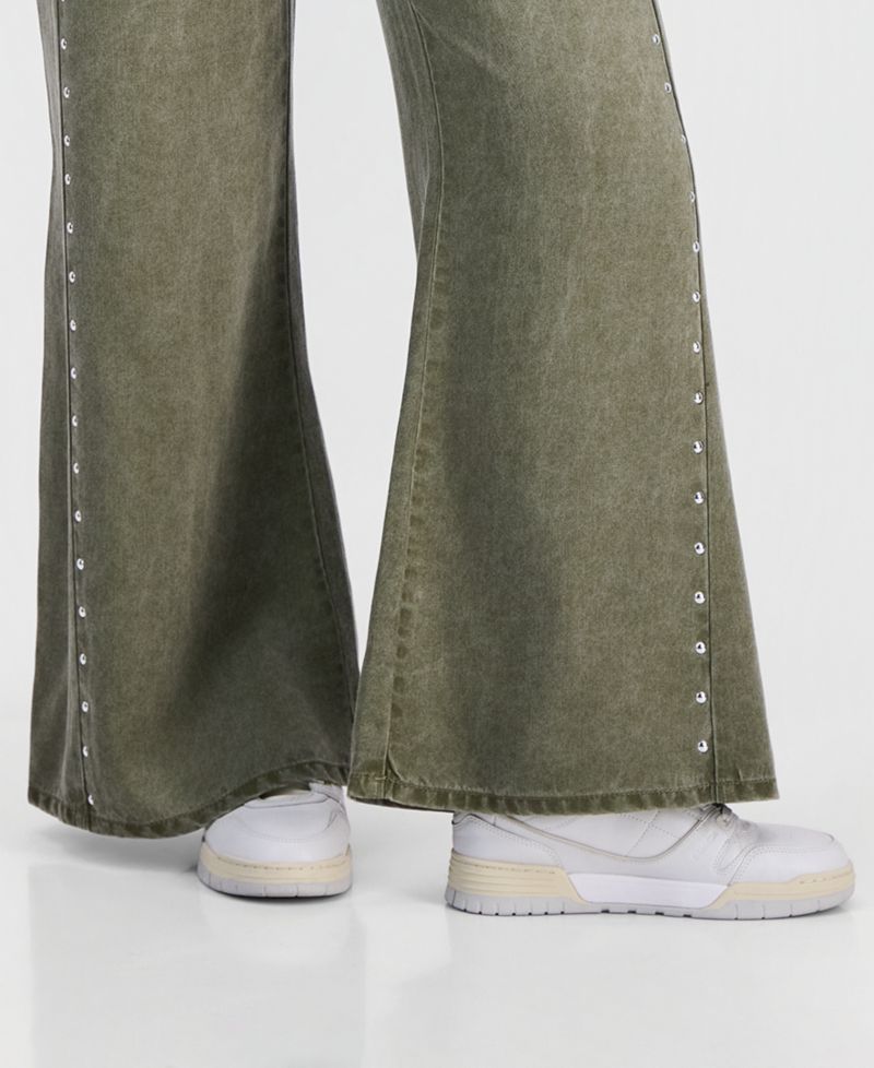 Juniors' High-Waisted Wide-Leg Studded Jeans