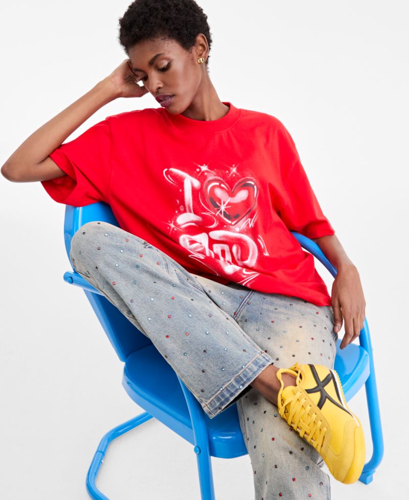 Adult Unisex Oversized Graffiti Screen-Print Short-Sleeve T-Shirt