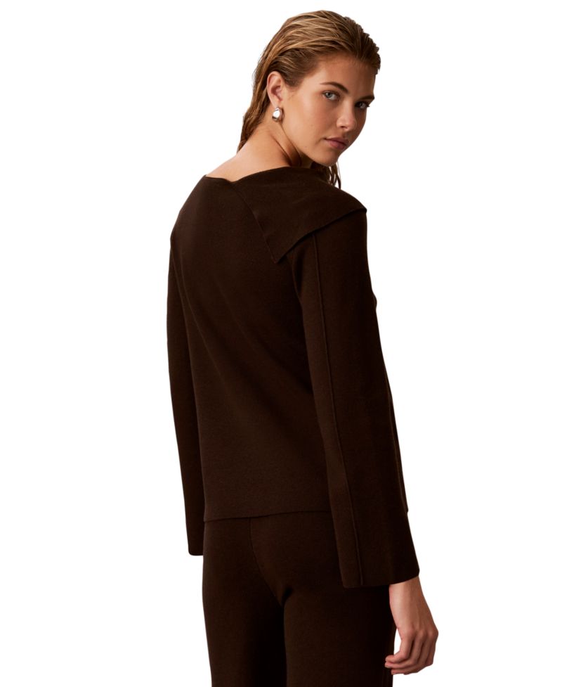Petite Asymmetrical Drape Boat Neck Long-Sleeve Sweater