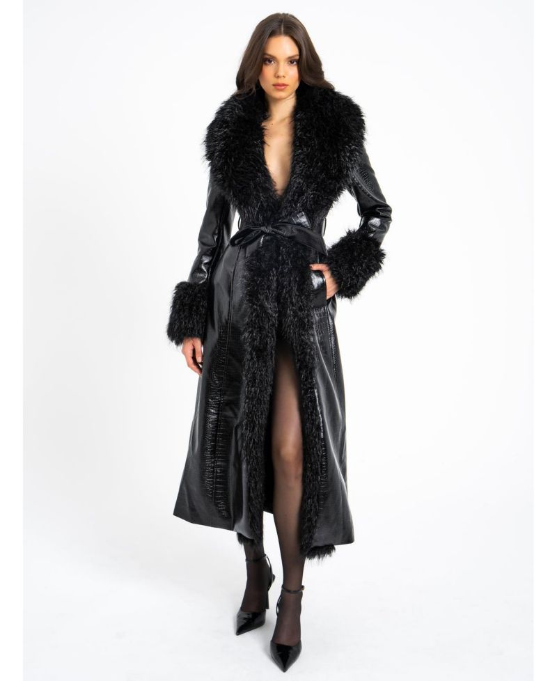 Women's Zella Black Faux Fur Trim Faux Croc Leather Coat
