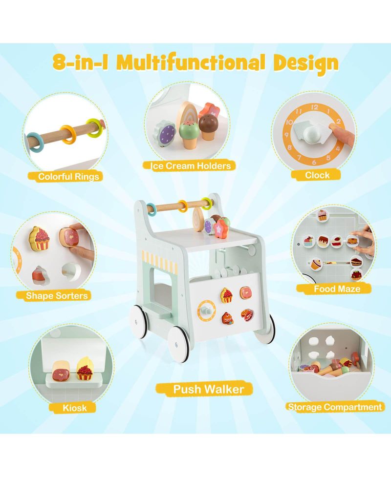 Wooden Baby Walker Ice Cream Cart Toy with Sweet Accessories & Smooth Wheels