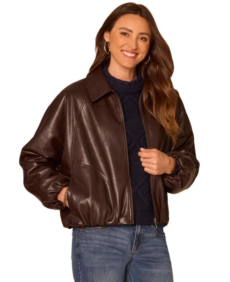 Petite Faux Leather Blouson-Sleeve Raglan Bomber Jacket