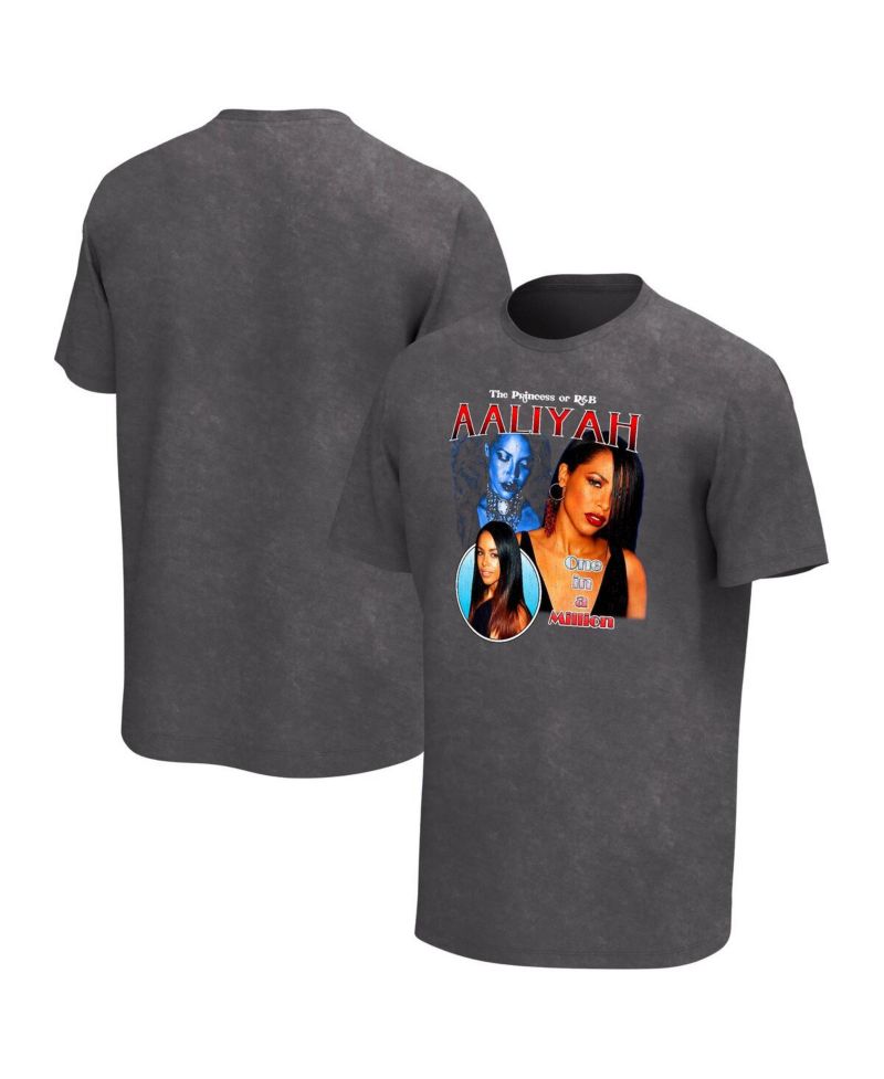 Men's Black Distressed Aaliyah Collage Washed Graphic T-shirt