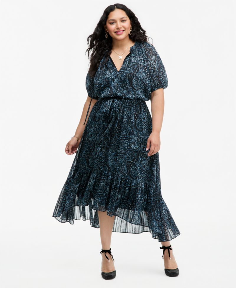 I.N.C. Plus Size Paisley Metallic High-Low Dress