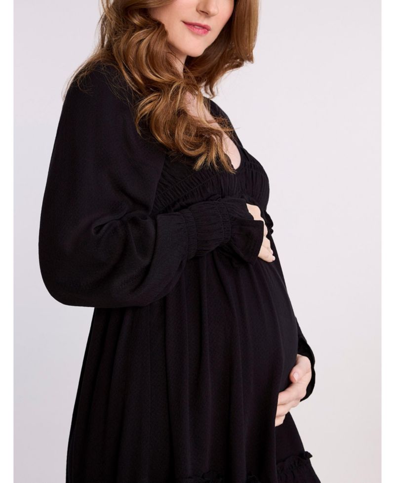 Women's Motherhood V-Neck Long Sleeve Smocked Tiered Short Dress