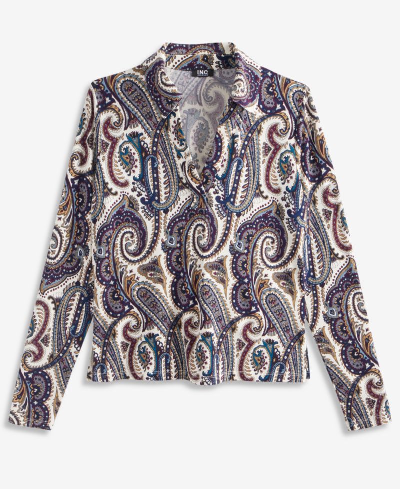 Petite Paisley Long-Sleeve Johnny Collar Top