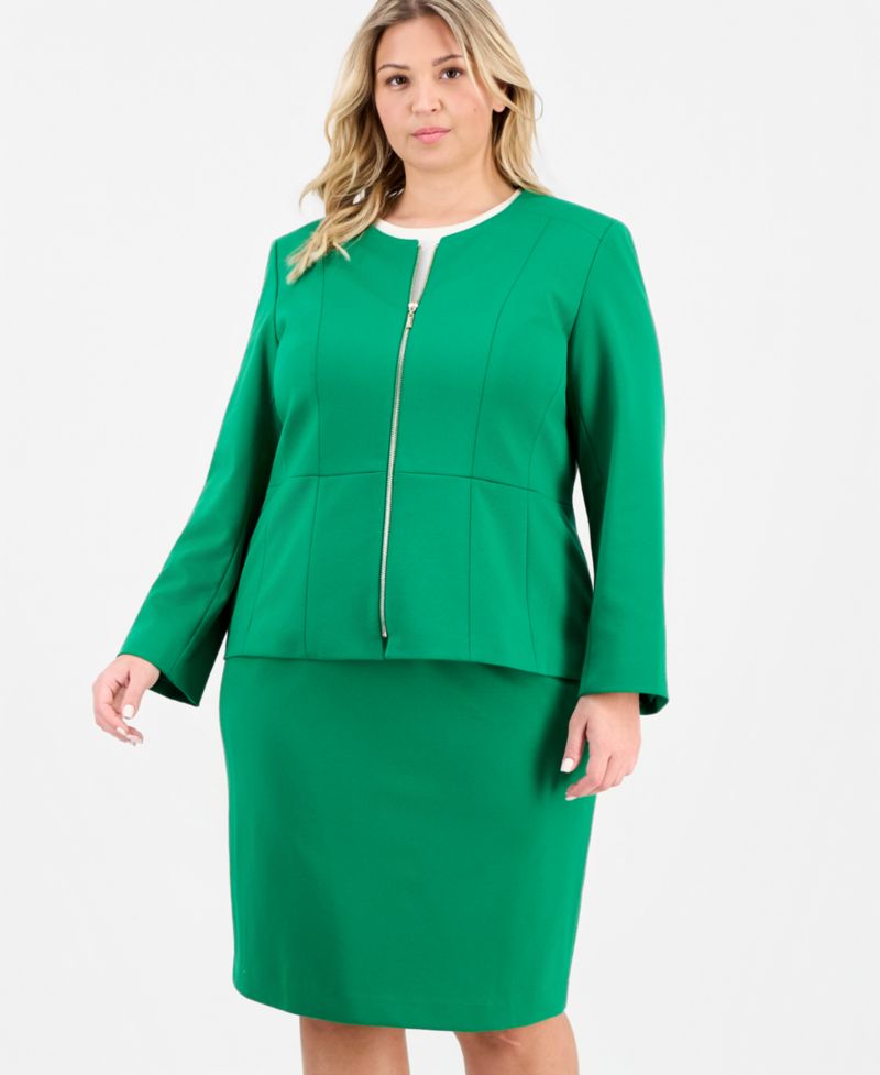 Plus Size Zip-Front Ponte Jacket & Slim-Fit 2 Piece Skirt Suit