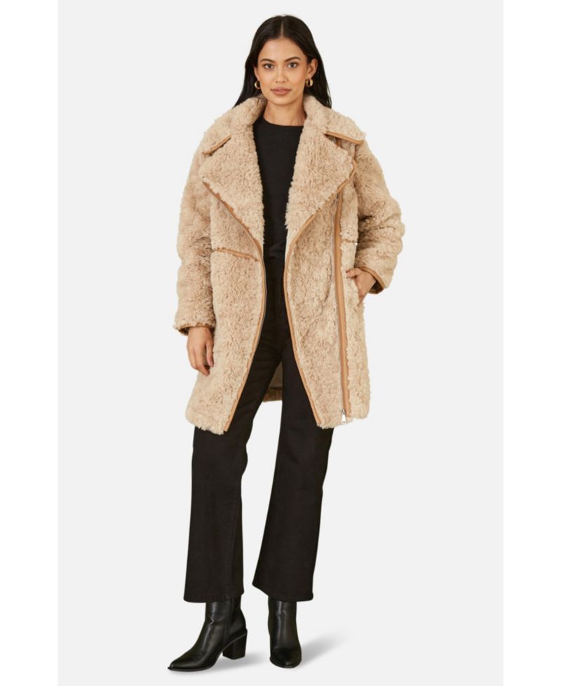 Women's Textured Borg Long Line Biker Coat
