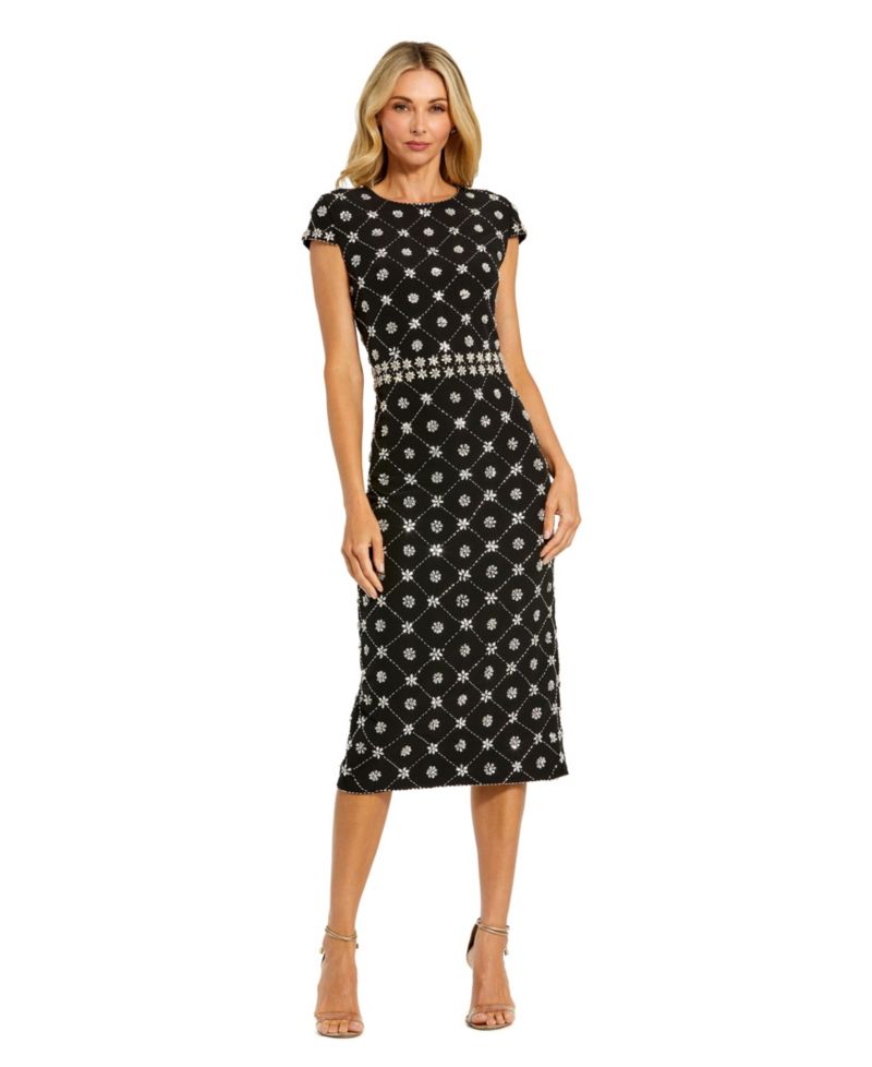 Women's Hand Embellished High Neck Cap Sleeve Midi Dress