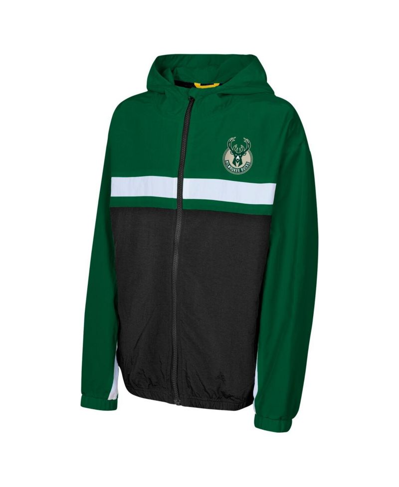 Big Boys and Girls Hunter Green Milwaukee Bucks Headliner Windbreaker Full-Zip Hoodie Jacket