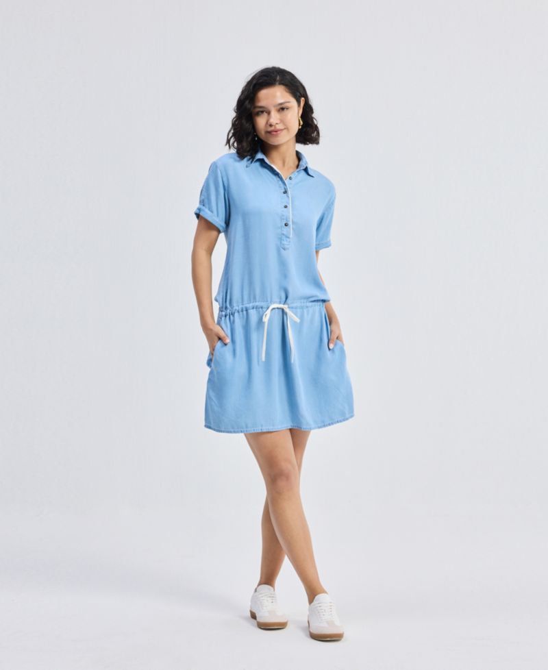 Women's Drawstring Denim Shirt Dress with Front Buttons in Blue