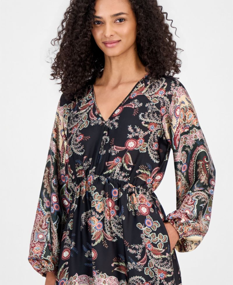 Women's Long-Sleeve Smocked-Waist Split-Neck Midi Dress