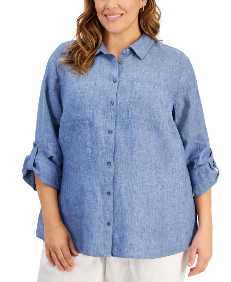 Plus Size Roll-Tab 100% Linen Shirt