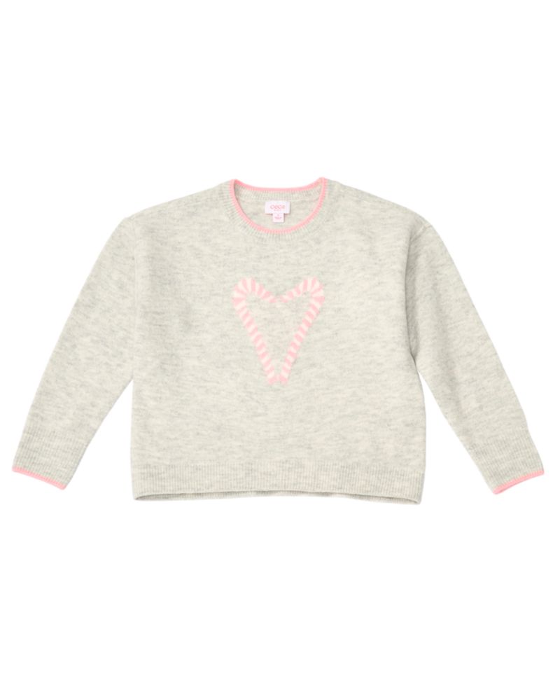 Girls' 7-16 Candy Cane Heart Long-Sleeve Crewneck Sweater
