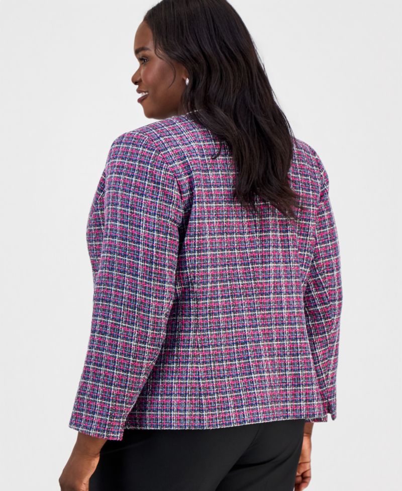 Plus Size Tweed Open-Front Long-Sleeve Jacket