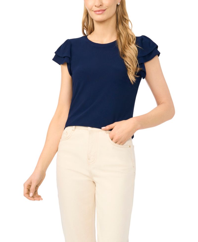 Women's Double Ruffle-Sleeve Crewneck Top