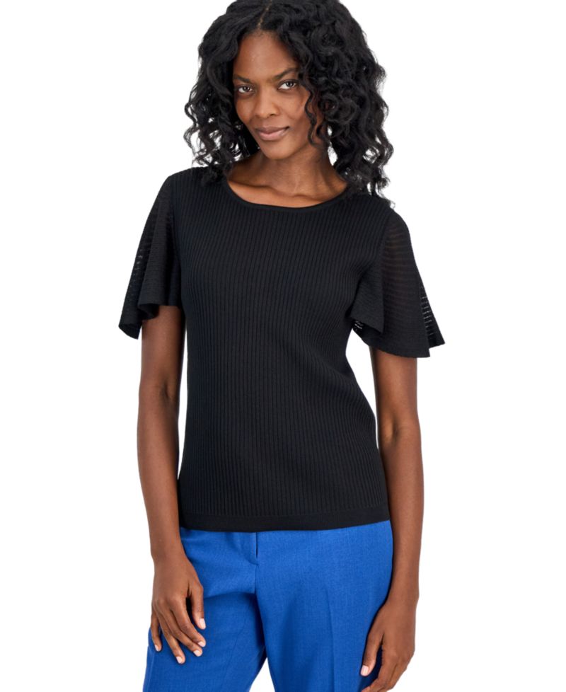 Petite Crewneck Flutter-Sleeve Rib-Knit Sweater