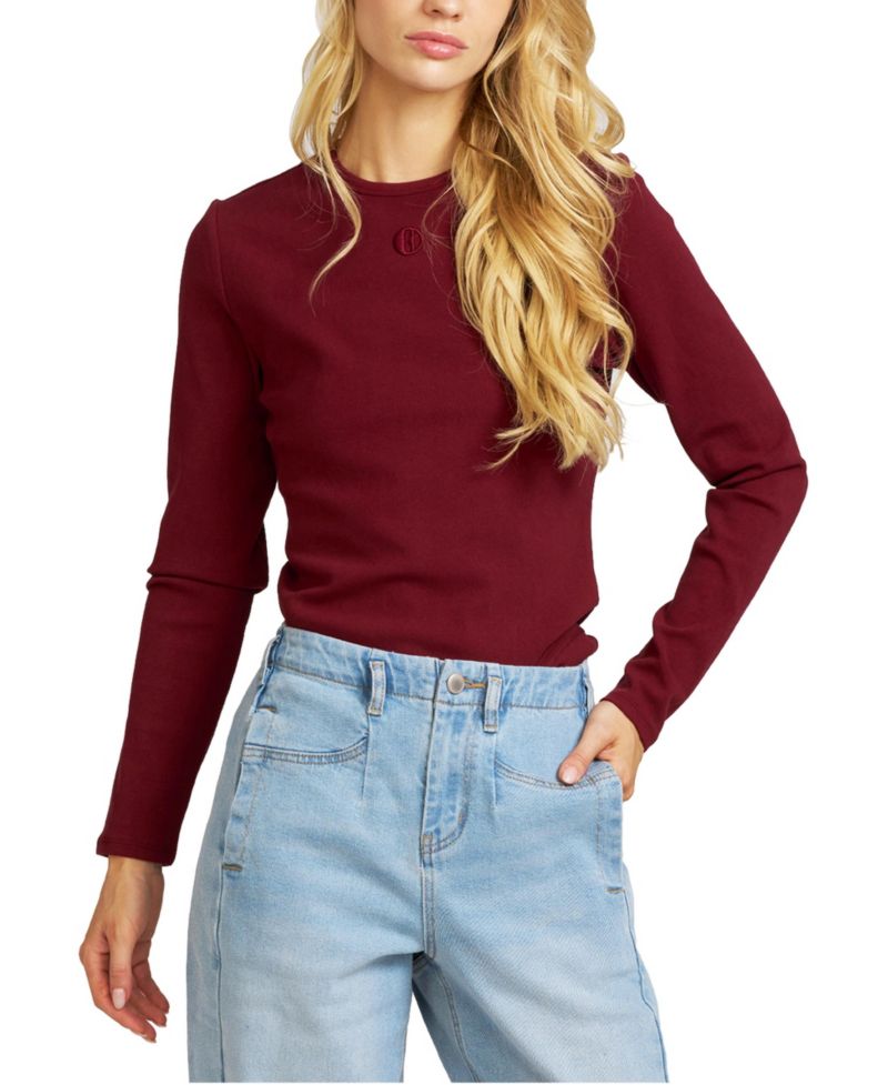 Women's Embroidered Ribbed-Knit Long-Sleeve T-Shirt
