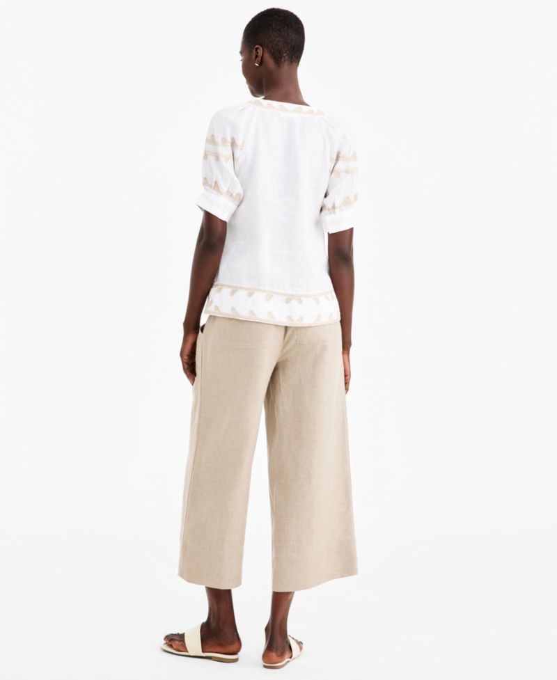 Women's Linen Puff-Sleeve Embroidered Blouse