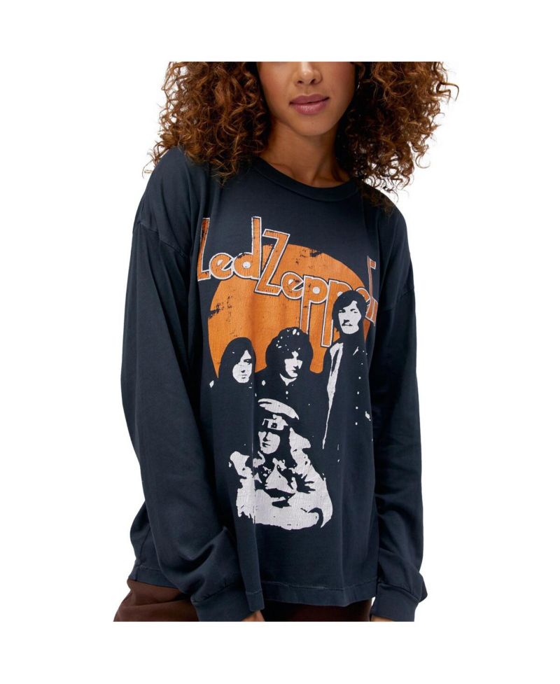 Women's Black Distressed Led Zeppelin Portrait Merch Long Sleeve T-shirt