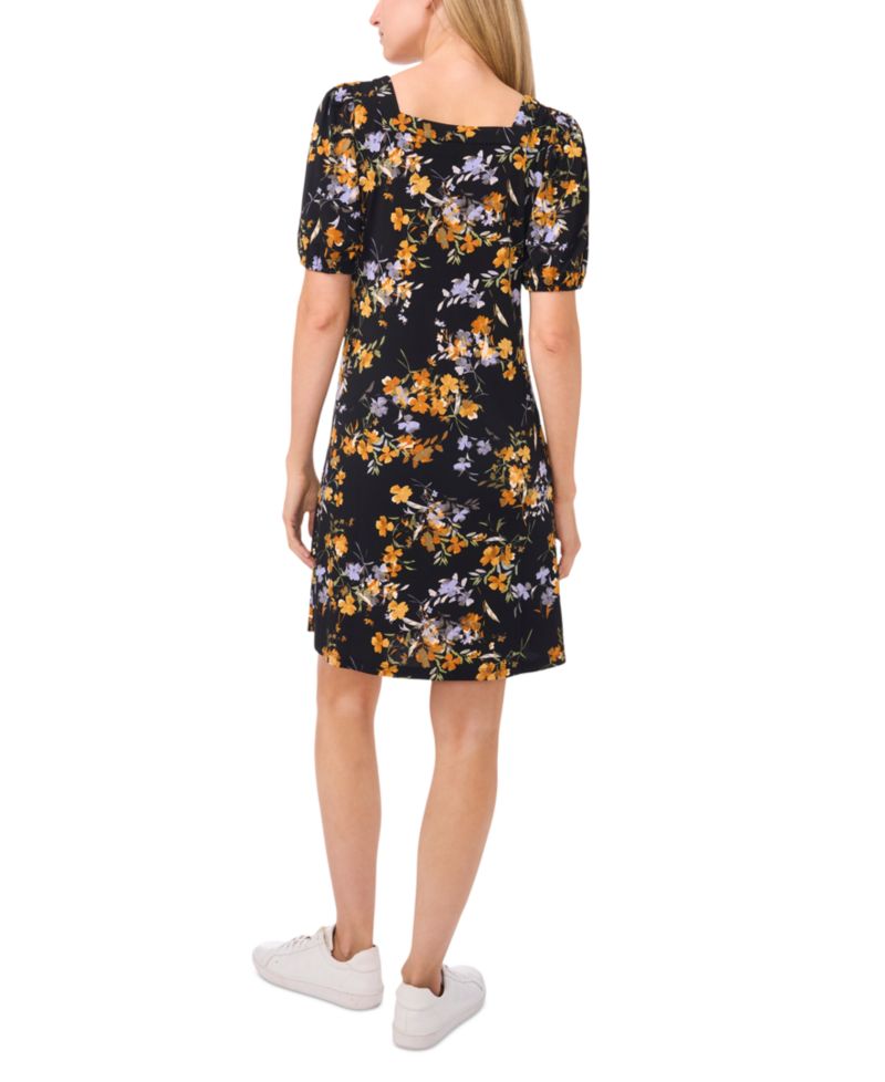 Women's Floral Puff-Sleeve Square-Neck Knit Dress