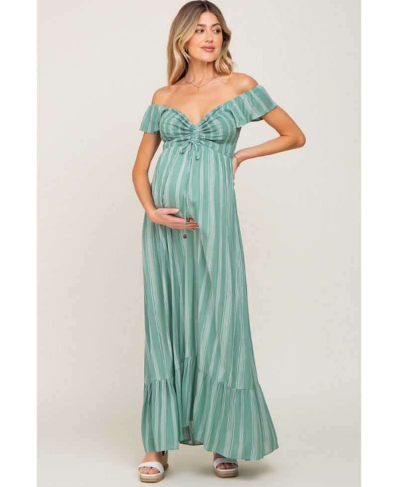 Women's Green Striped Off Shoulder Front Tie Maxi Dress