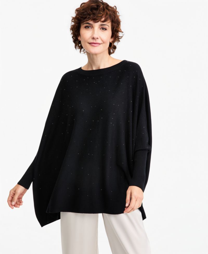 Women's Rhinestone Boat-Neck Poncho Sweater