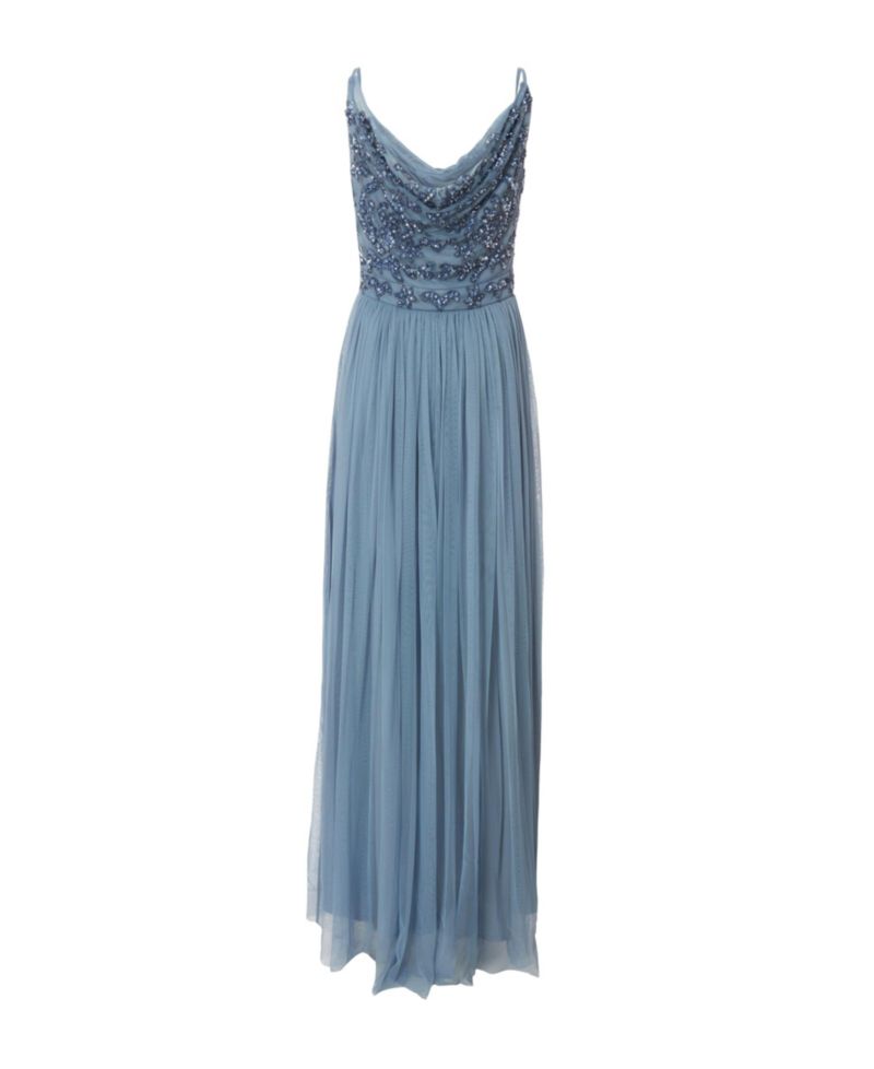 Women's Mesh Cowl Neck Beaded Maxi Dress
