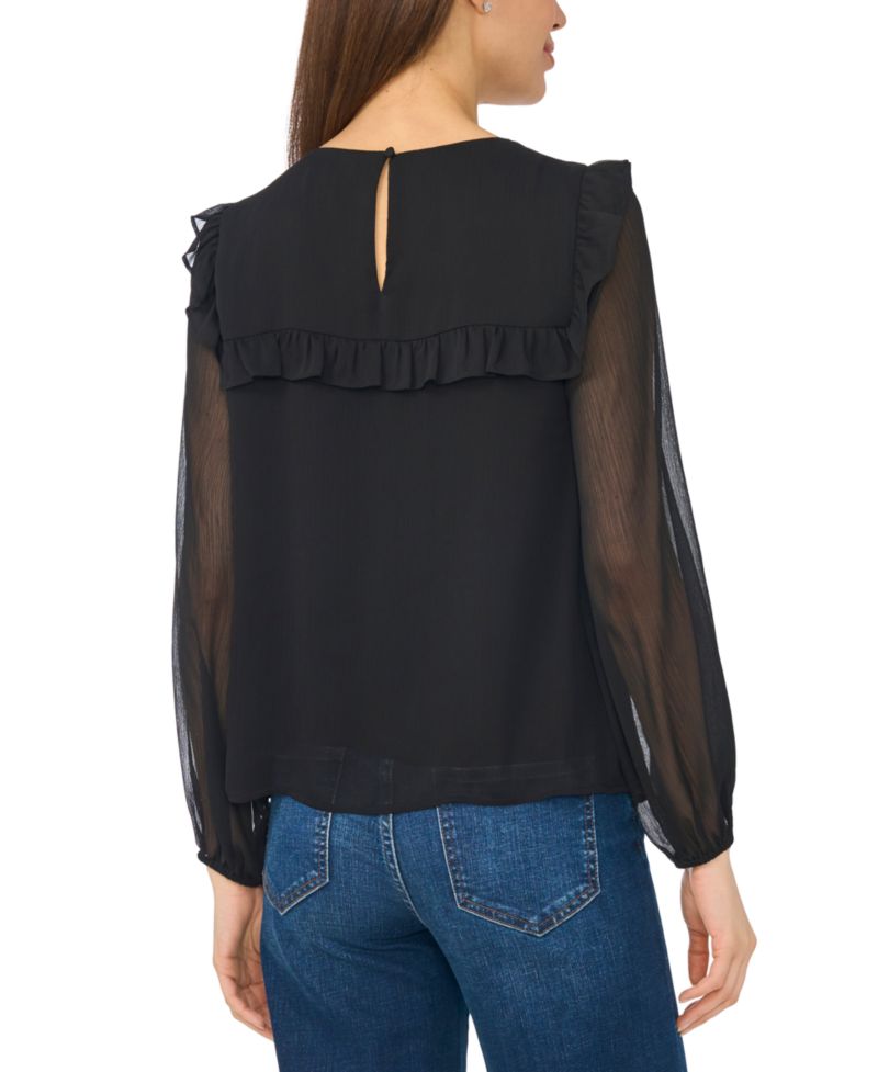 Women's Long-Sleeve Tie-Neck Blouse with Ruffle Yoke