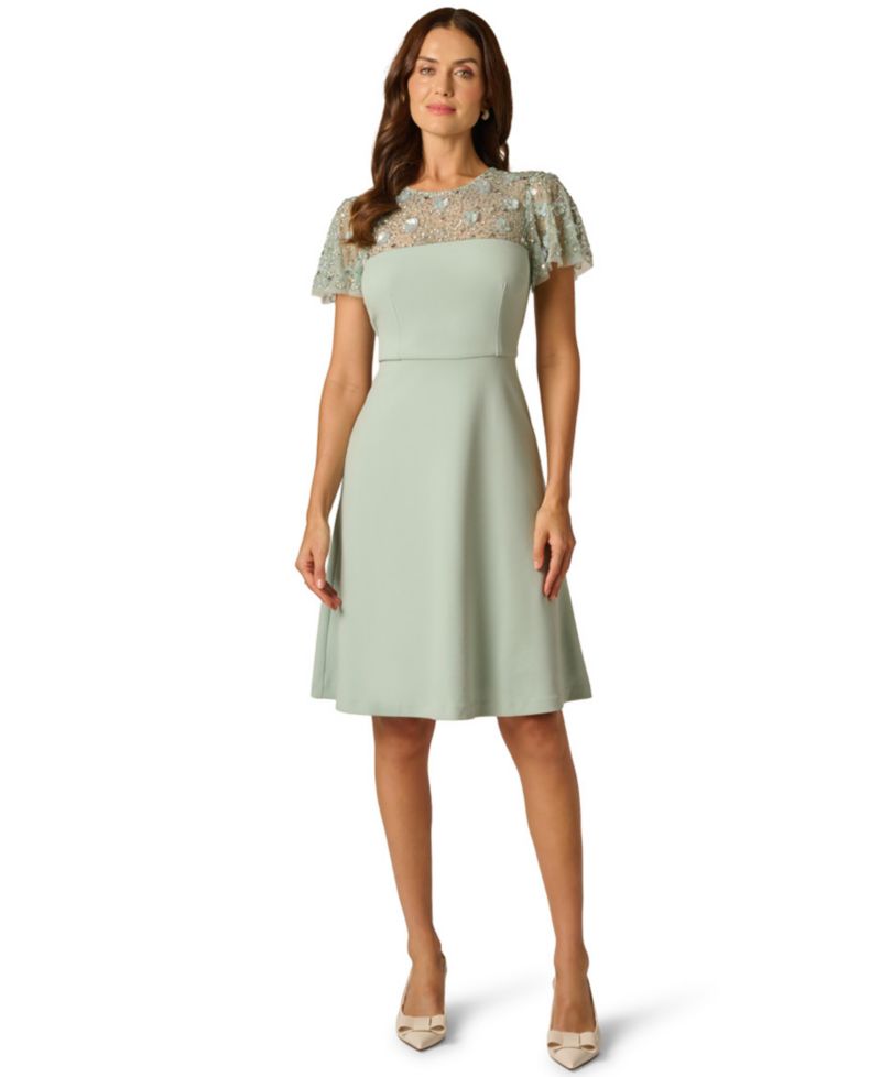 Women's Bead Crepe Crewneck Illusion Dress