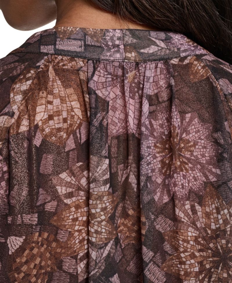 Women's Tie Neck Sheer Floral Blouse