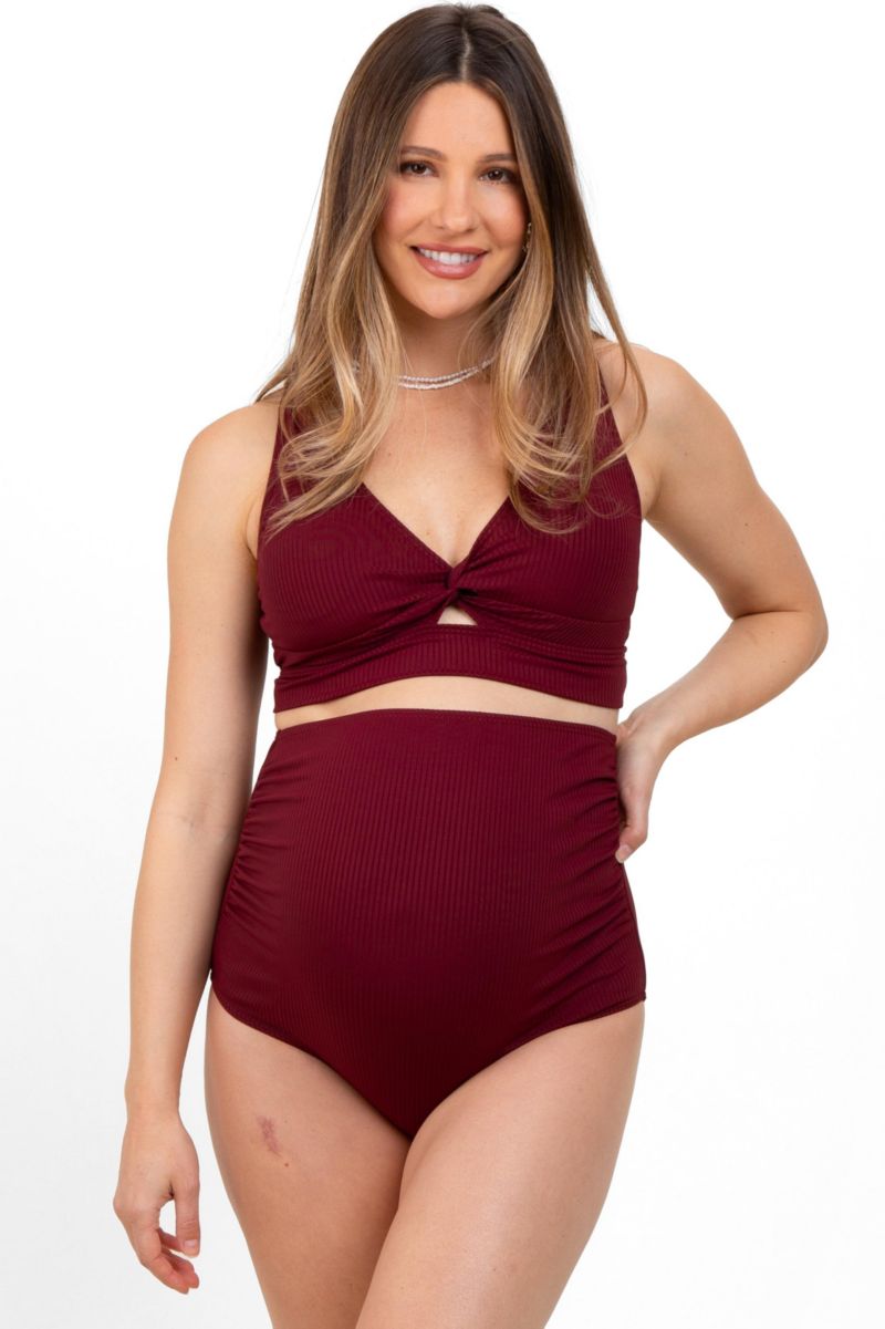 Women's Burgundy Ribbed Twist Cutout Front Swim Set
