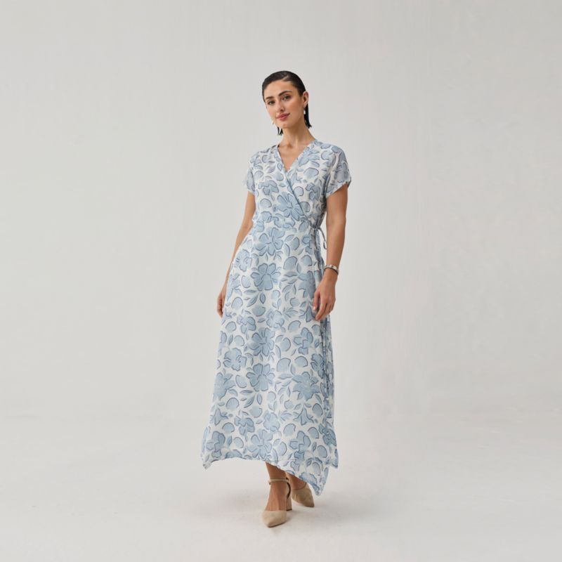 Women's Floral Print Tie Waist Wrap Maxi Dress