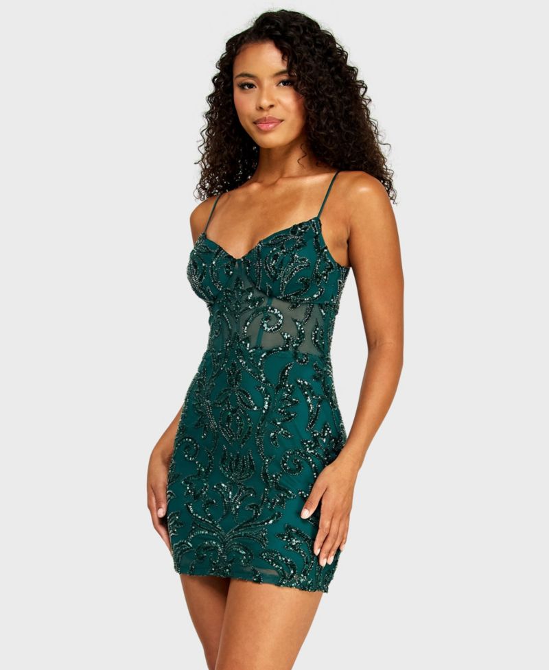 Juniors' Sweetheart Neck Illusion Corseted Pattern Sequin Mini Dress