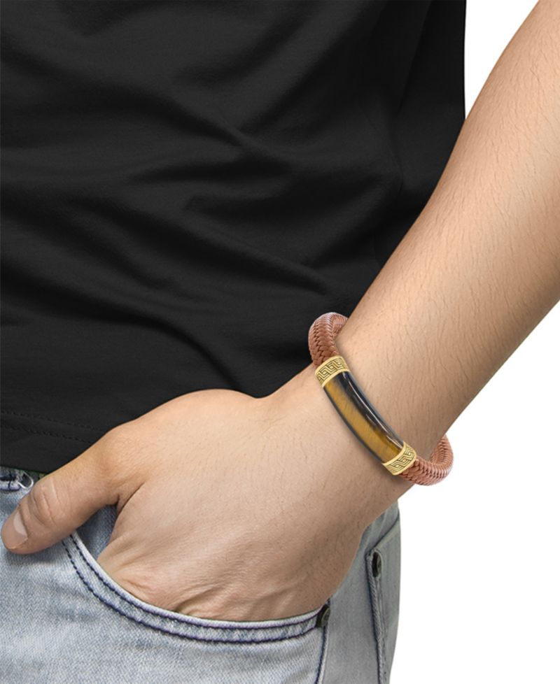 Men's Tigers Eye (27-3/8 ct. t.w.) Bracelet in Brown Leather with 18k Gold