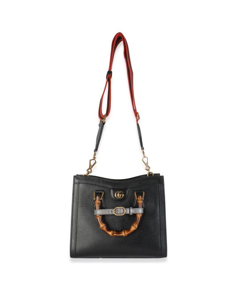Pre-Owned Gucci Black Dusty Grey Textured Dollar Calfskin Web Small Diana Tote