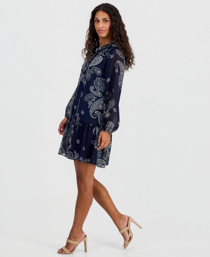 Petite Printed Chiffon Tie-Neck Tiered Dress