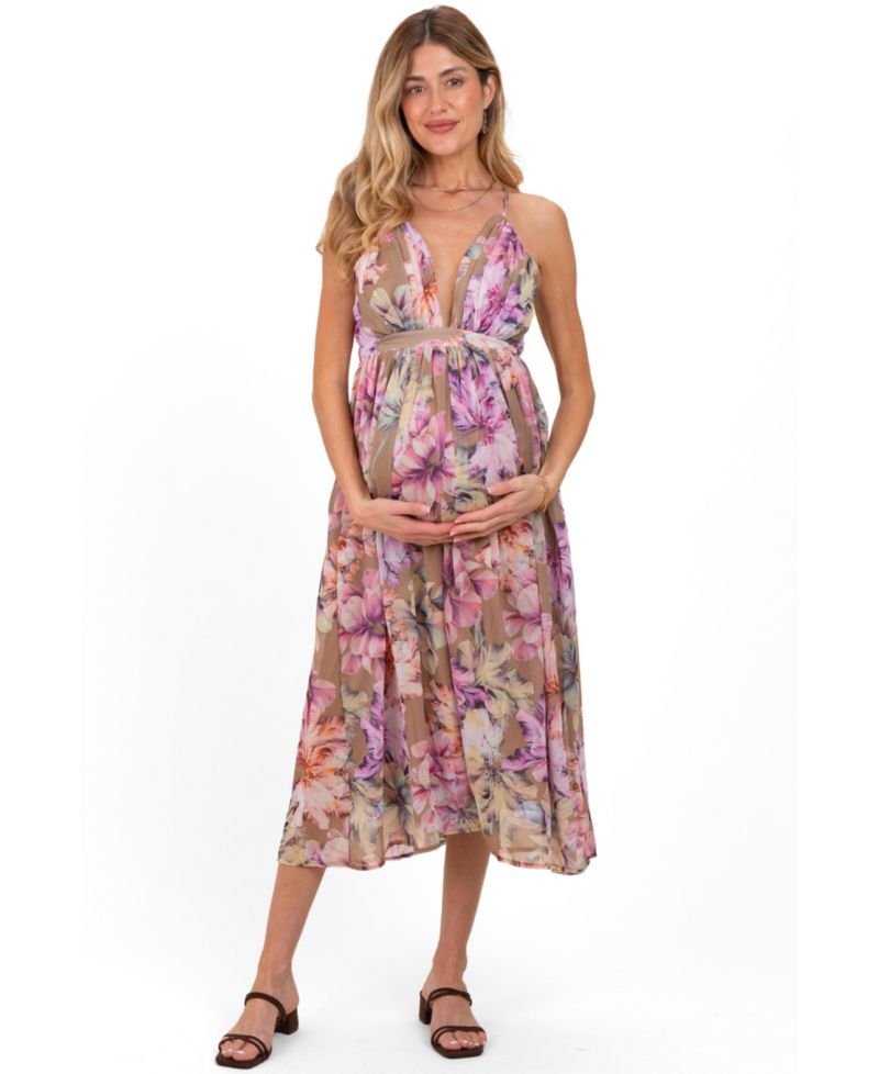 Women's Tan Floral Open Back Midi Dress