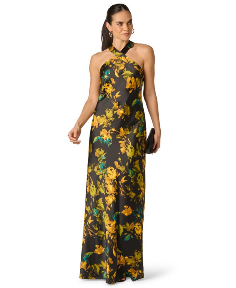 Women's Floral Stretch Satin Scarf Halter Gown