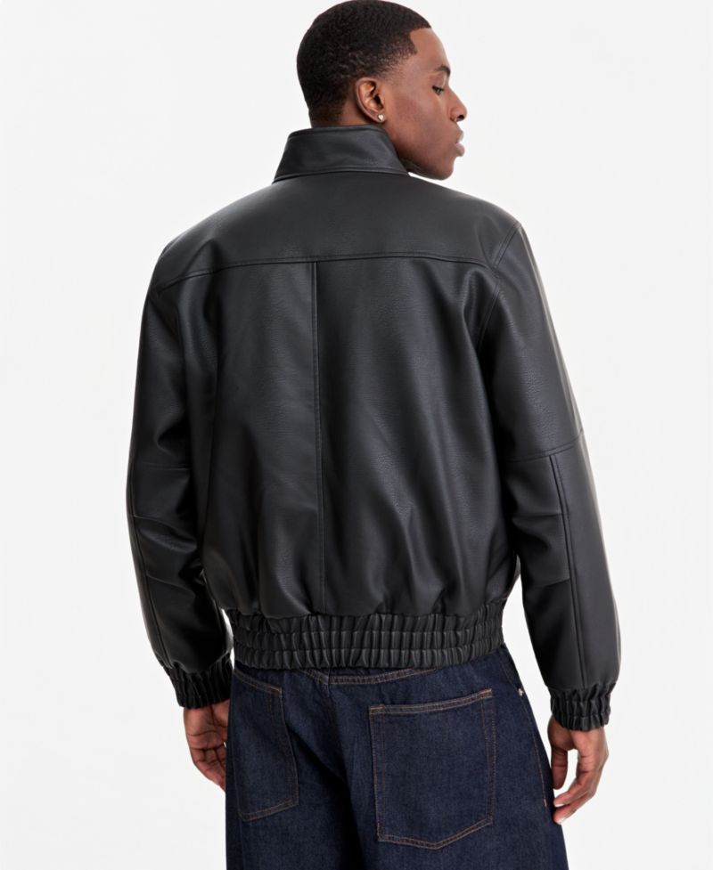 Men's Faux Leather Relaxed-Fit Bomber Jacket