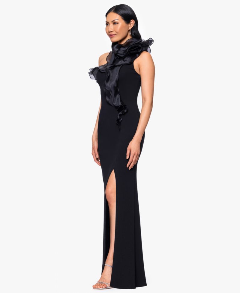 Women's Scuba Crepe Organza-Ruffle Long Dress
