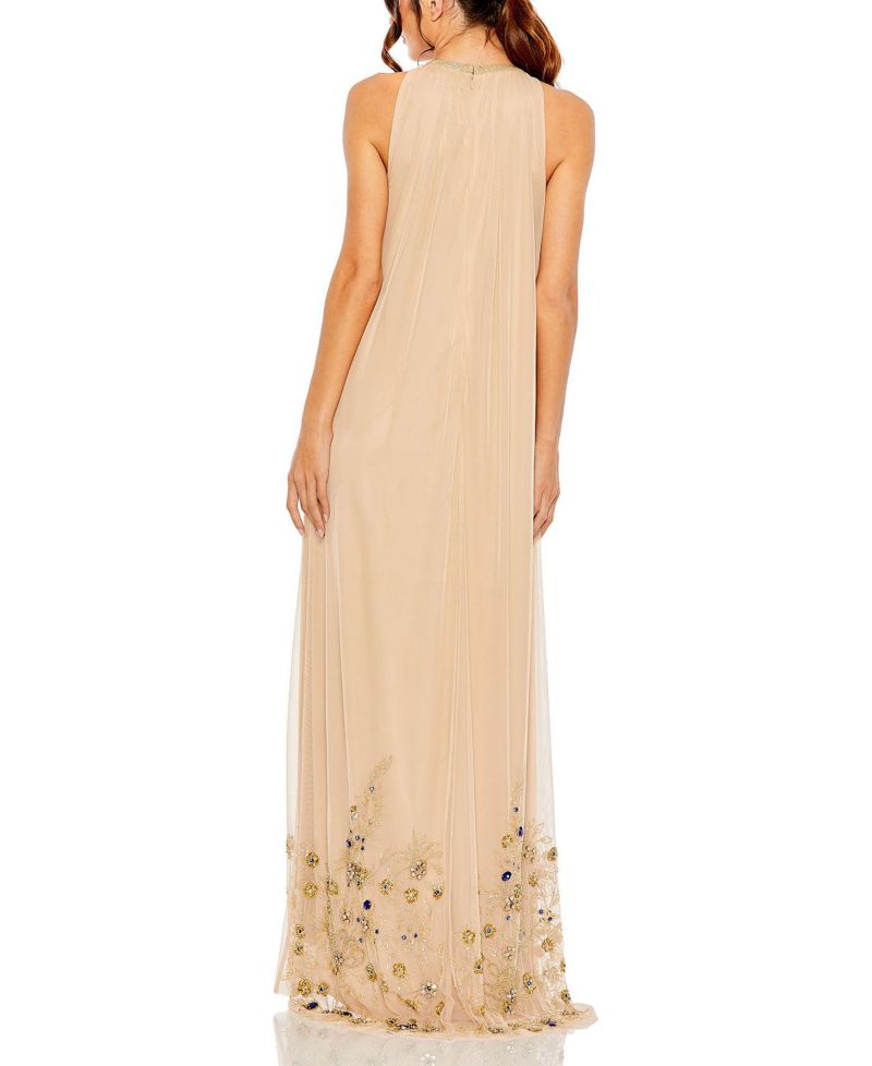 Women's High Neck Floral Embellished Trapeze Gown