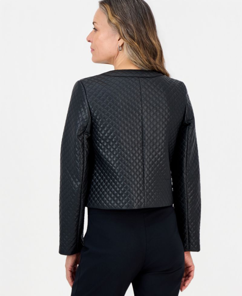 Petite Quilted Faux-Leather Button-Front Jacket