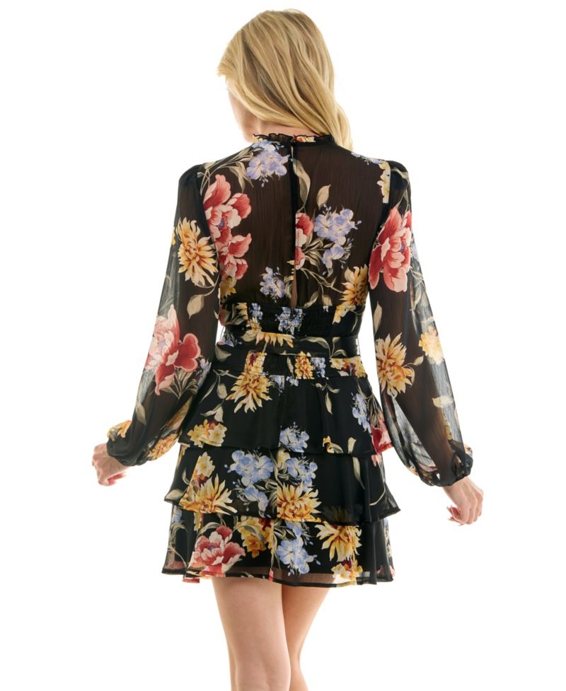 Juniors' Long-Sleeve Boat neck Tiered Skirt Dress