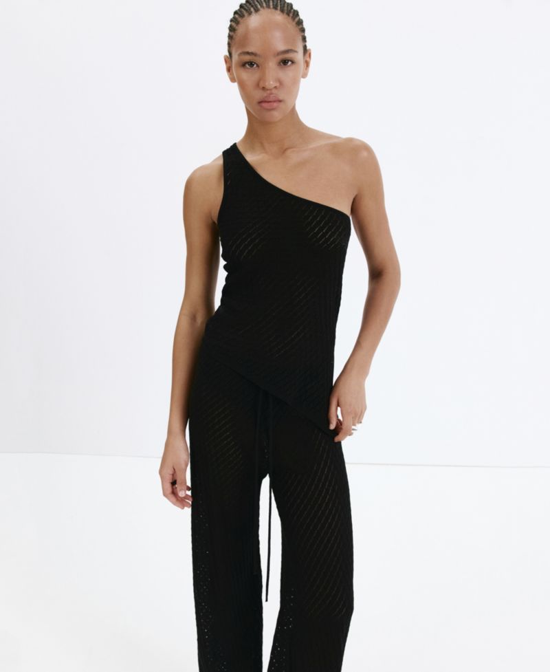 Women's One-Shoulder Open-Knit Side-Slit Top