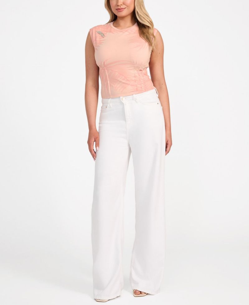Women's Pleated-Waist Palm-Print Brooch-Detail Top