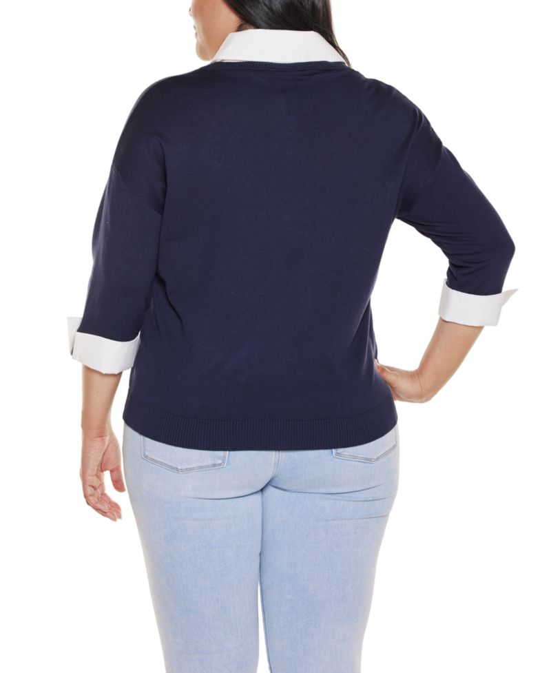 Plus Size Woven-Collar Twofer Sweater