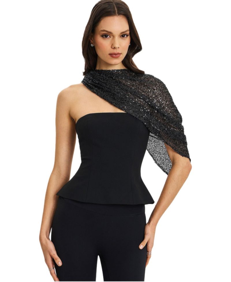 Women's Quinette Black Peplum Top with Beaded Asymmetrical Cape